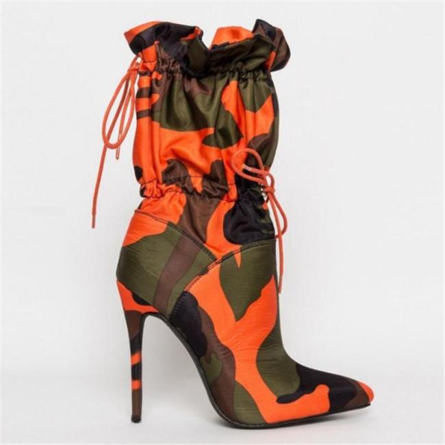 Stylish Pointed-Toe High Heel Camouflage Side Zipper Front Tie Up Boots