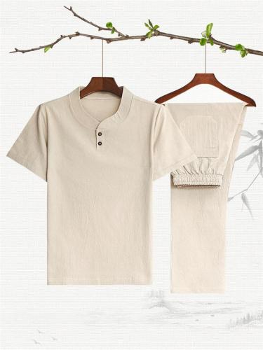 Casual Fit Mandarin Style V Neck Button Linen T-Shirt + Ankle Pants