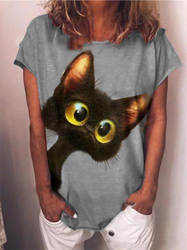 Casual Fit Round Neck Cat Printed Short Sleeve Pullover T-Shirt