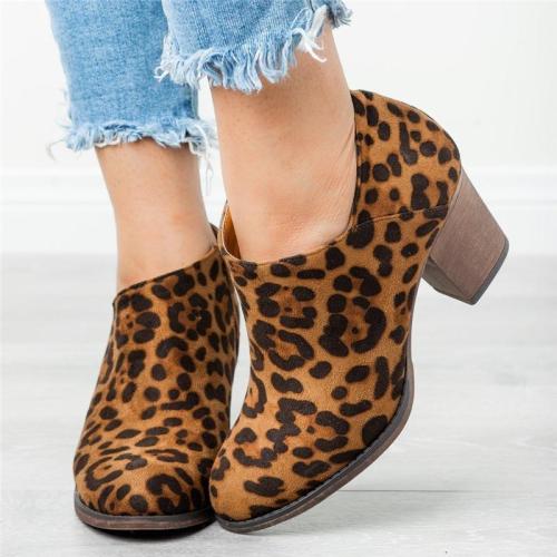 Fashionable Side Zipper Leopard Chunky Heel Short Boots