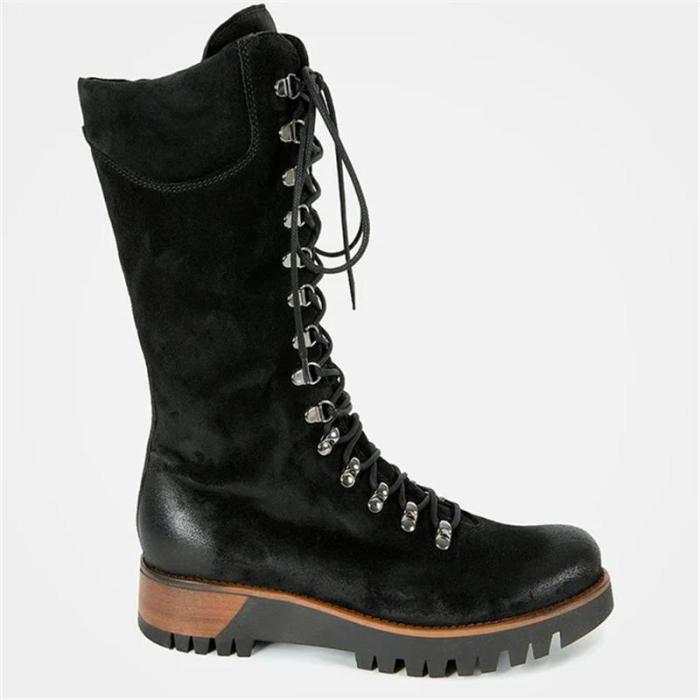 Women's Lace-up Leather Mid-Calf Boots