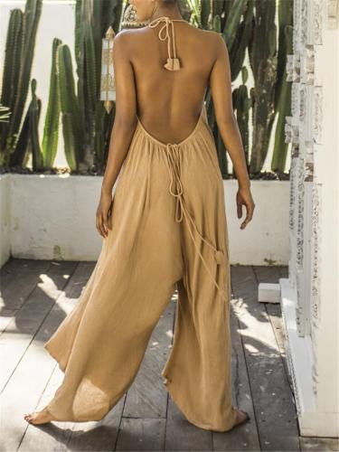 Light Floating Backless Pleated Detailing Rear Tie Fastening Full-Length Jumpsuit