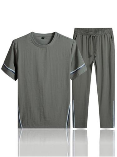 Sports Breathable Stripe Casual Short Sleeved T-Shirts+Pants