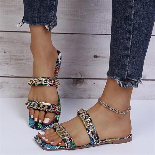 Casual Metal Chain Buckle Snake Print Breathable Slippers