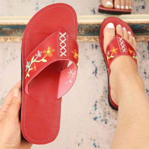 Casual Style Comfy Contrast Stitching Floral Embroidery Flip-Flops Flat Slippers