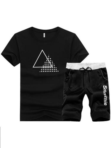 Mens Sports Print Comfy Short Sleeve T-Shirts+Shorts