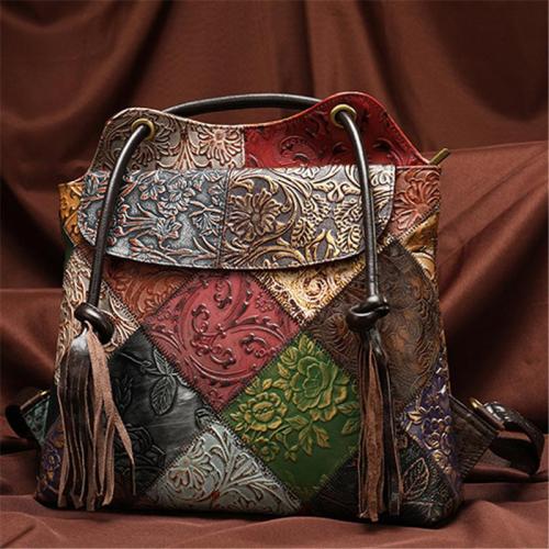Multicolor Patchwork Multi-Functional Floral-Embossed Shoulder Bag Backpack