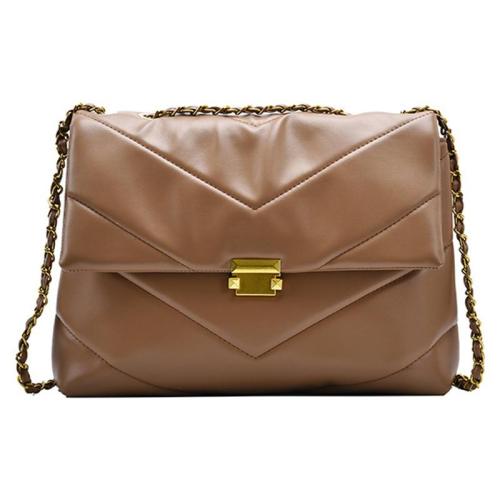 Casual Style Soft Material Gold-Tone Chain-Link Shoulder Strap Chevron Quilted Bag