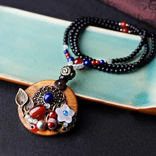 Delicate Beaded Chain Glaze-Agate Accents Floral Decorative Pendant Necklace