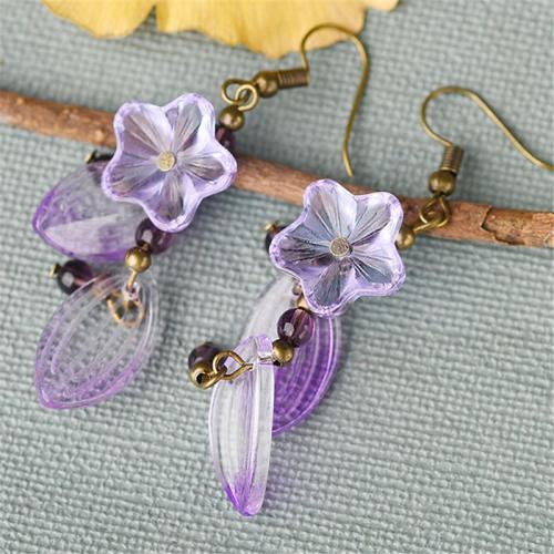 Antique Brass Clear Purple Flower Shaped Hook Earrings