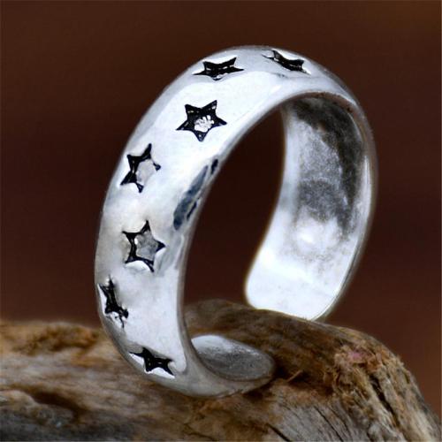 Star Engraved Antique Effect Silver-Tone Open Design Adjustable Ring
