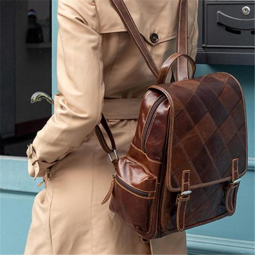 Womens Chunky Patchwork Plaid Leather Trendy Causal Travelling Backpack