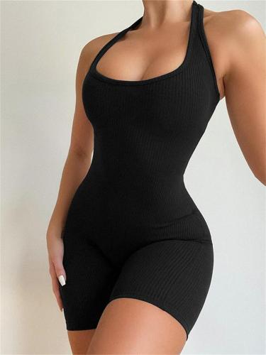 Sexy Casual Sports Open Back Solid Color Knitted Halter Jumpsuit