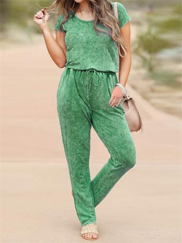 Women's Fashionable Printed Lace-Up Short-Sleeved Slim Jumpsuit