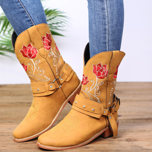 Womens Mid-Heel Fashion Embroidered Rose Mid-Calf Boots With Buckles