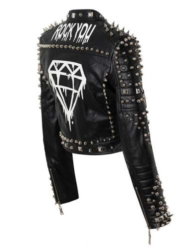 Stylish Punk Style Printed Rivets Short Black Jacket