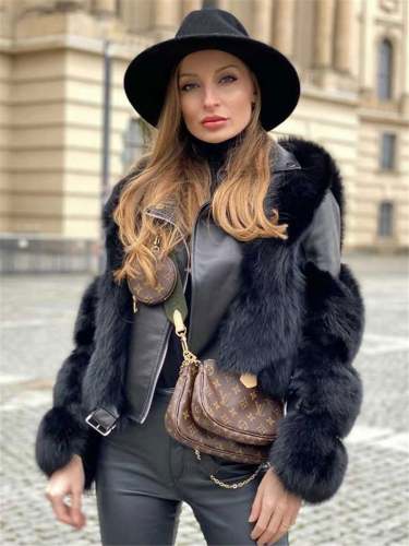 Casual Patchwork Design Faux Fur Lapel Short Black Jacket