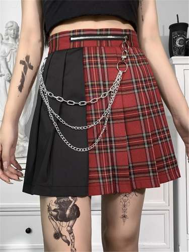 Fashionable Contrast Color Patchwork Design Plaid Skirt With Decorative Chains