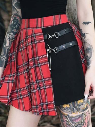 Stylish Patchwork Design Contrast Color Sexy Plaid Skirt