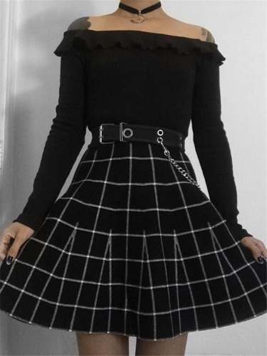 Casual Trendy High Waist Black Color Plaid Skirt