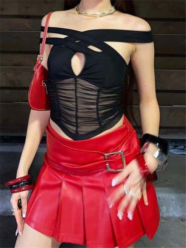 Trendy Sexy High Waist PU Leather Solid Color Mini Skirt