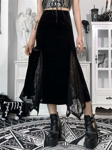 Stylish Slim High Waist Irregular Hem Suede Patchwork Design Black Skirt