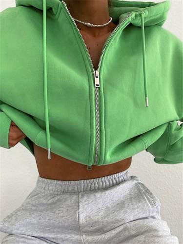 Casual Fashion Green Color Zipper Cropped Hoodie For Women