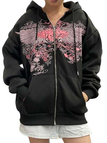 Fashion Heart With Wings Printed Zip Up Hoodie With Pockets
