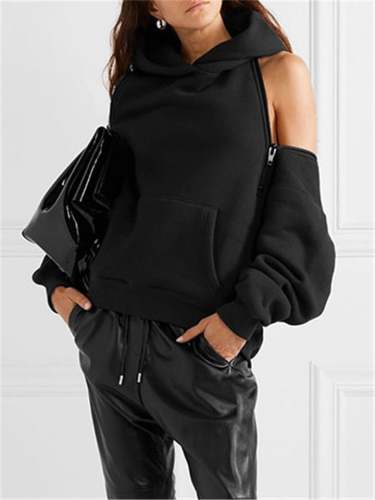 Trendy Casual Loose Sexy Zipper 2-Way Solid Color Hoodie