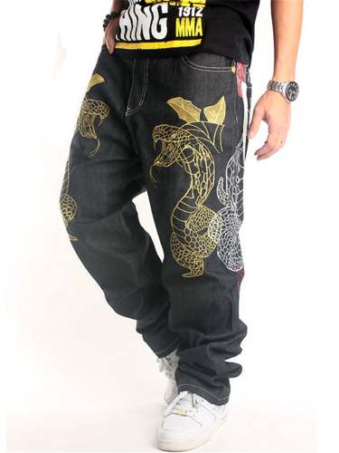 Trendy Street Style Snakes Embroidered Loose Oversize Pants