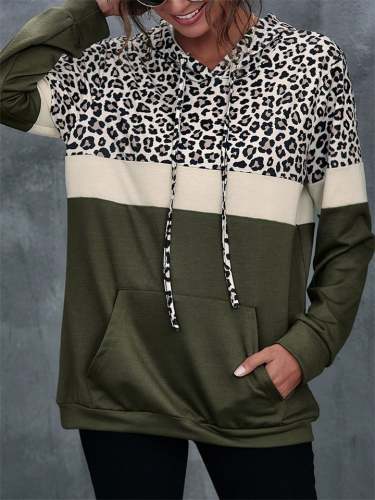 Women's Leisure Fashion Contrasting Hooded Leopard Printed Hoodies