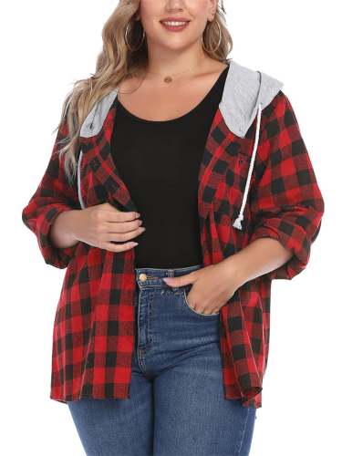 Daily Wear Leisure Plaid Design Button Up Hooded Coats Hoodies