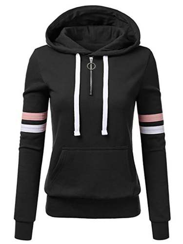 Spotry Style Daily Wear Striped Design Hooded Zipper Pullover Hoodies