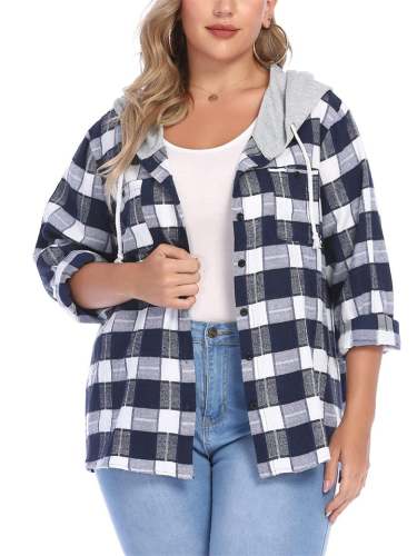 Daily Wear Leisure Plaid Design Button Up Hooded Coats Hoodies