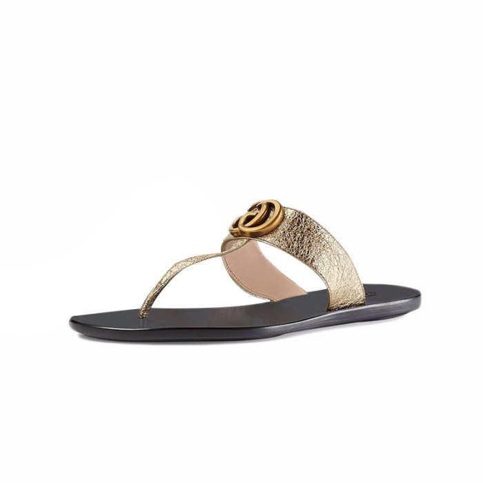 (Women) Leather thong sandal with Double G-Golden leather