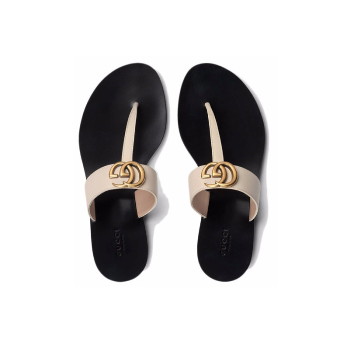 (Women) Leather thong sandal with Double G-White leather