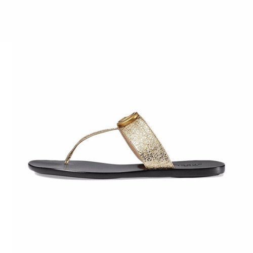 (Women) Leather thong sandal with Double G-Golden leather