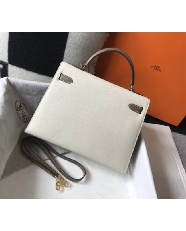 Hermes Bi-color Kelly 32cm Epsom Bag White/Taupe GHW