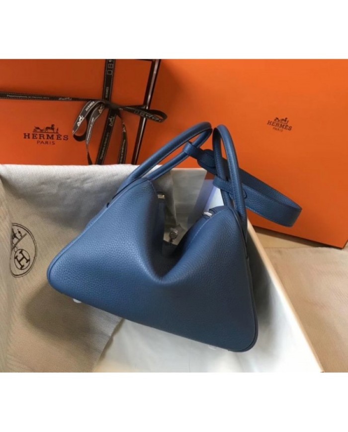 Hermes Lindy 26cm Bag In Blue Jean Clemence With PHW