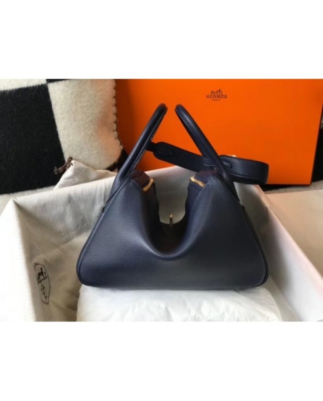 Hermes Dark Blue Clemence Lindy 30cm Bag with GHW