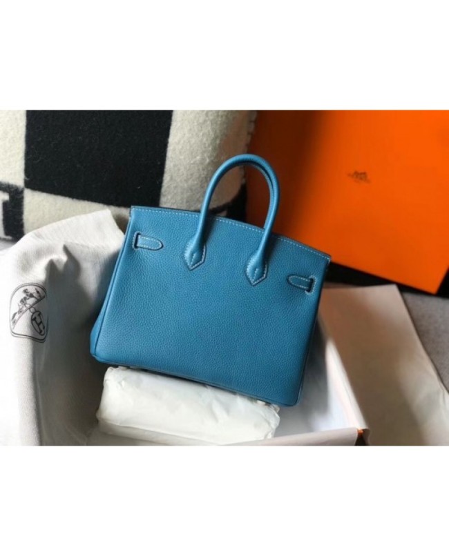 Hermes Birkin 25cm Bag In Blue Jean Clemence Leather