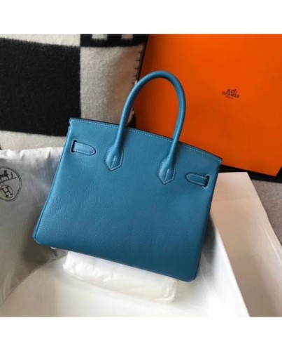 Hermes Birkin 30cm Bag In Blue Jean Clemence Leather