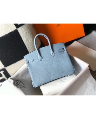 Hermes Birkin 25cm Bag In Blue Lin Clemence Leather