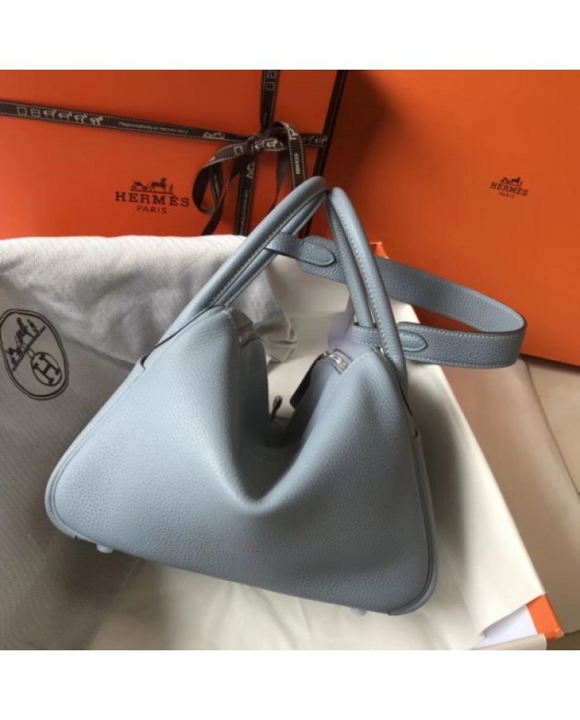 Hermes Blue Lin Clemence Lindy 30cm Bag with PHW