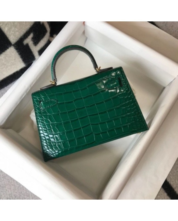 Hermes Kelly Mini II Bag In Green Embossed Crocodile Leather