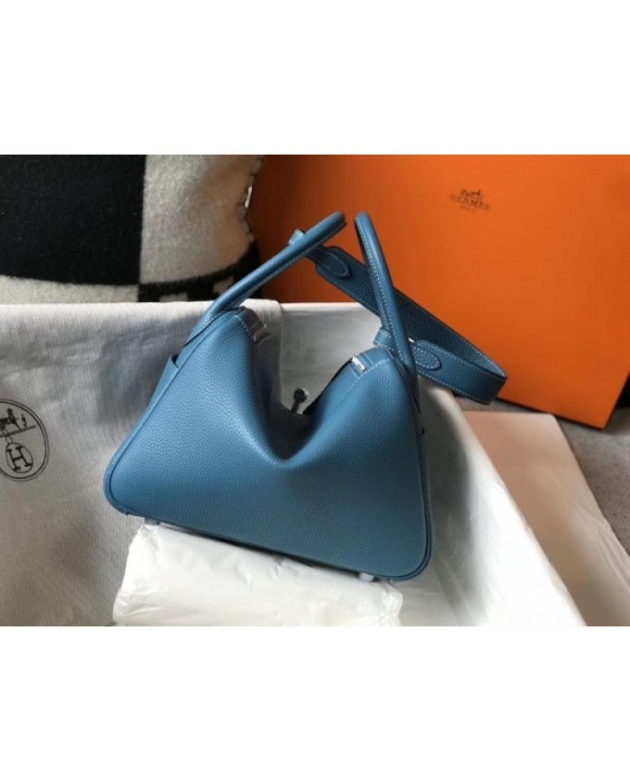 Hermes Lindy 26cm Bag In Blue Jean Clemence With PHW