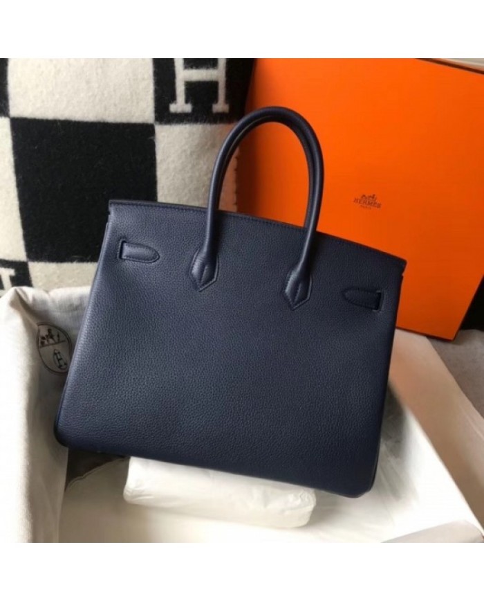 Hermes Birkin 35cm Bag In Navy Blue Clemence Leather