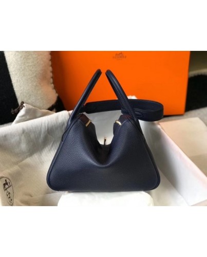 Hermes Lindy 26cm Bag In Navy Blue Clemence With GHW
