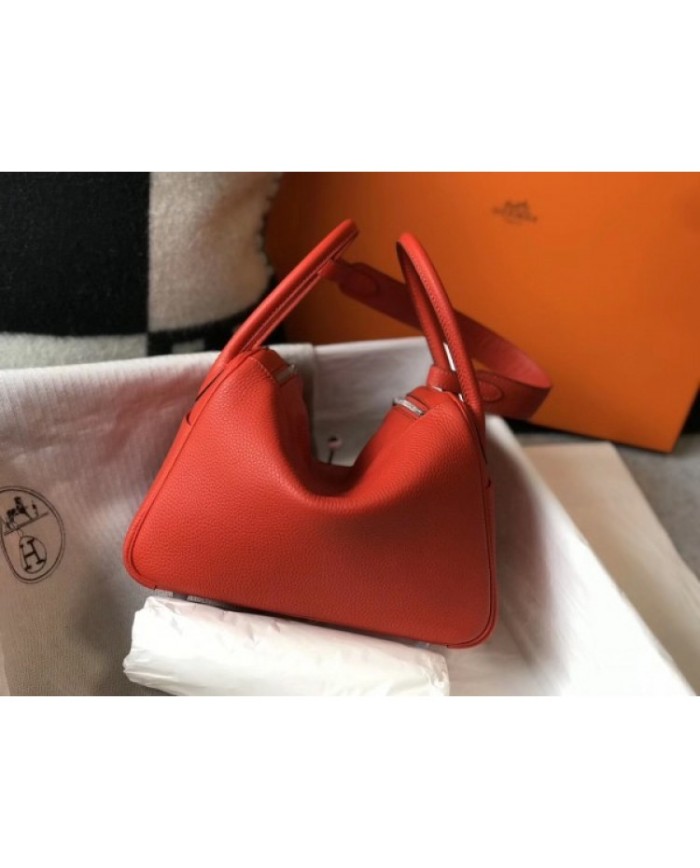 Hermes Lindy 26cm Bag In Red Clemence With PHW