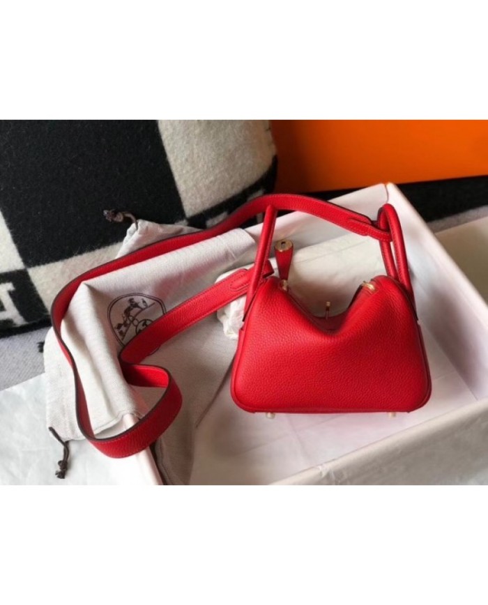 Hermes Lindy Mini Bag In Red Clemence Calfskin